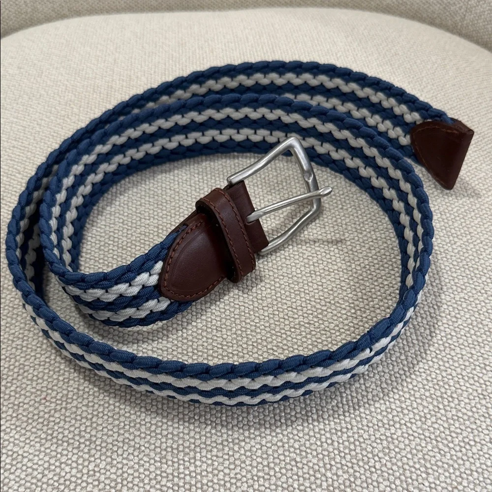 Southern Tide Braided Blue & White Woven Men's Belt with Brown Leather Trim - Picture 1 of 2